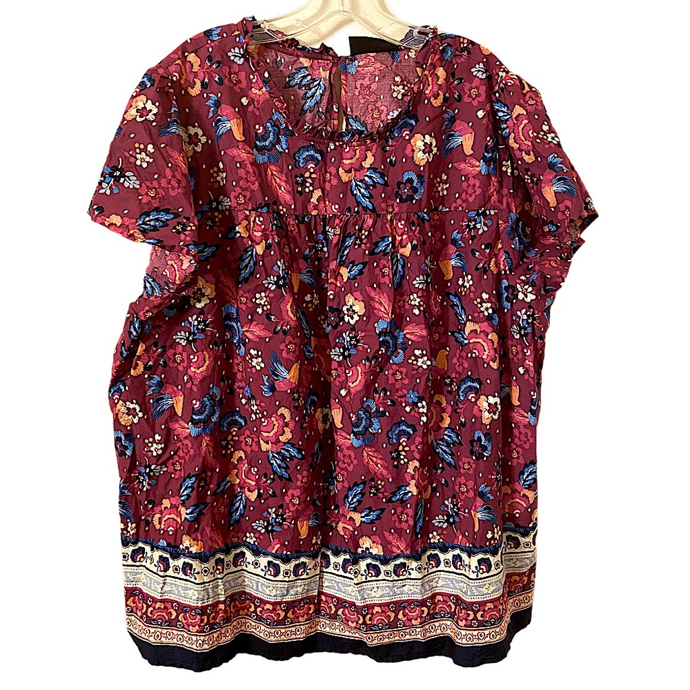 Lane Bryant Boho Floral Peasant Blouse Short Sleeve Multicolor Print Size 24